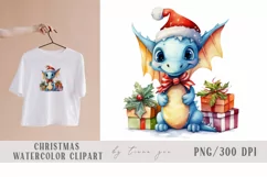 Cute Christmas blue dragon with gift box clipart- 1 png Product Image 1