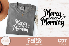 T-shirt folded with “Mercy Every Morning” faith SVG in white, with leaf detail and inspirational message print
