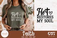 Christian faith SVG cut file on a t-shirt mockup – inspirational Bible verse quote in modern script style. Digital design in SVG, PNG, DXF and EPS formats for Cricut and Silhouette crafts – perfect for shirts, mugs, signs and gifts