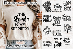 Preview image of a Christian Faith SVG bundle with 12 minimalist Bible verse quotes displayed on a neutral shirt and wood background, ideal for Cricut.