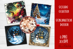 Vintage Christmas Sublimation, retro square Coaster Design Product Image 1