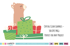 Christmas alpaca family next to a green tree and wrapped presents in holiday colors.