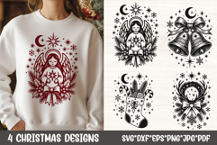 Christmas sweatshirt with angel design and three additional holiday SVG graphics of bells, stocking and reindeer head.