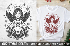 Beautiful Christmas Angel SVG featuring a vintage-style angel with wings, stars, snowflakes, and festive greenery. Perfect for holiday shirts, cards, mugs, ornaments, and seasonal crafts.