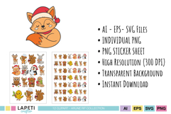 Cute winter animals clipart bundle with fox illustration and sticker sheets for Christmas projects.