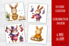 Funny christmas bunny square coasters, Animals sublimation Product Image 1