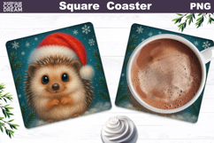 Christmas Animal Square Coaster | Hedgehog Santa Hat Product Image 1