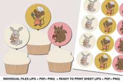 Christmas cupcake toppers with cute bunny, mouse, and squirrel characters, perfect for kids’ parties and baking decor.