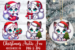 Christmas Arctic Fox sublimation PNG set—kawaii foxes with stocking, gift, lollipop, and tree