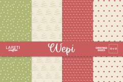 Christmas digital paper set with classic red, green, and cream patterns featuring stars, dots, and trees.