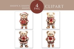 Watercolor Christmas Bear Clipart featuring 4 festive bears in cozy holiday outfits, holding wrapped presents. High-resolution PNG illustrations perfect for crafters creating Christmas cards, scrapbooking, and gift tags.