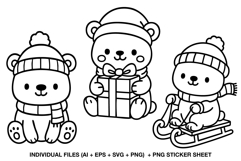 Three cute Christmas bear digital stamps in winter hats and scarves, featuring one bear sitting, one with a present, and one sledding — perfect for coloring pages, stickers, and Christmas crafts.