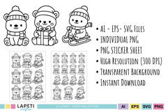 Christmas bear digital stamp set showing three cute winter bears with AI, EPS, SVG, and PNG files, including a printable PNG sticker sheet — ideal for coloring and holiday crafting projects.