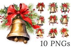Christmas Bells Clipart Bundle with Holly and Bows PNG Product Image 1