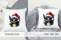 Watercolor Christmas black dragon with Santas hat - 1 png Product Image 3