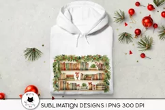 watercolor christmas bookshelf png design shown on a hoodie