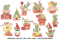 Christmas cactus clipart set with cute festive succulents wearing Santa hats and holding gifts, kawaii holiday illustration bundle.