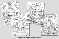 Cute Christmas cactus coloring pages with kawaii holiday mugs, stars, and gifts.