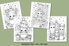 Adorable set of Christmas cactus coloring pages featuring kawaii cactus characters decorated for the holidays, perfect for kids’ festive crafts.