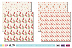 Preview of Christmas cactus digital papers showing holiday cactus gnomes, stockings, and gift patterns in soft red and beige colors, ideal for scrapbooking and crafts.