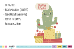 Adorable cactus clipart with Christmas gifts and ornaments, pastel festive design perfect for cards and crafts.