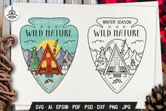 -Christmas-Camp-color-and-lack-Badges-with-forest-cabin-and-mountains-quote-wild-nature-on-wooden-background
