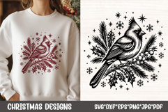 Detailed Christmas cardinal SVG line art of bird sitting on holly and pine with berries for Cricut and Silhouette crafts.