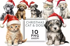 Dogs and Cats in Christmas Santa Hats | Watercolor Clipart Product Image 1