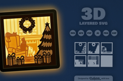 Christmas Cat and Fireplace Layered Papercut Product Image 3