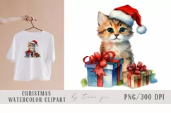 Watercolor Christmas cat with gift boxes clipart- 1 png file Product Image 1