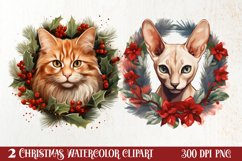 Christmas Cat Wreath Sublimation Clipart, Christmas Cat PNG Product Image 1
