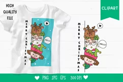 Cute Santa elf and reindeer Kawaii Christmas clipart xmas Product Image 1