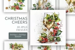 Christmas Cheers Glasses Holly | Watercolour Clipart JPG Product Image 1