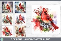 Bundle of six Watercolor Christmas Square Coaster designs.