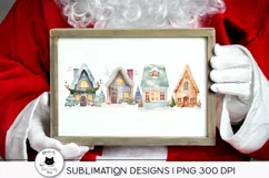 santa holding a frame with cute christmas houses illustrations