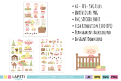 Full preview of Christmas clipart bundle showing all 24 elements and sticker sheet in soft tones.