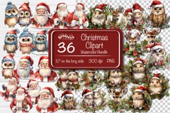 Christmas clipart Bundle watercolor illustration. Xmas clipart. The product contains 36 designs with Watercolor Baby Animals, Forest Animals, Owl, Reindeer, and Santa.