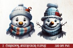 Watercolor Peeking Santa and Snowman Clipart, Christmas PNG Product Image 1