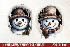 Watercolor Peeking Santa and Snowman Clipart, Christmas PNG Product Image 1