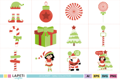 Collection of Christmas clipart elements including Santa, elf, Christmas tree, gift box, candy cane, and peppermint swirl.
