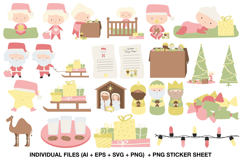 Adorable Christmas clipart set with Santa, babies, nativity scene, and Three Wise Men in pastel colors.