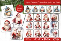 Square Coaster Christmas Coasters Bundle contains 17 designs with a cute watercolor Owl and Santa PNG. These standard square coasters 4&#039;&#039; x 4&#039;&#039; are more than just a way to protect your table – they bring a touch of snow-filled charm and a warm, fuzzy feel
