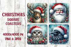 Square Christmas coaster PNG —Santa, deer, owl, raven with berries and snow