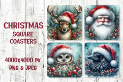 Square Christmas coaster PNG —Santa, deer, owl, raven with berries and snow