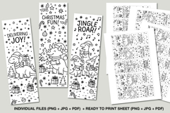 Set of three Christmas dinosaur coloring bookmarks for kids featuring cute festive designs with presents, trees, and snowflakes, plus ready-to-print sheets in PNG, JPG, and PDF formats.