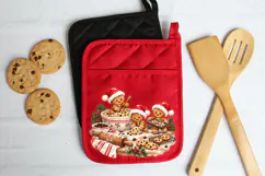 Whimsical holiday PNG showing three gingerbread characters baking chocolate chip cookies together with cozy kitchen details, Santa hats and textured painted finishes.