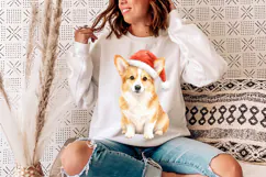 Holiday pet PNG featuring a watercolor corgi sitting front-facing in a Santa hat, with warm neutral fur tones and soft painted details.