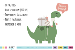 Digital dinosaur Christmas clipart set with holiday accessories and winter themes