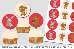 Christmas cupcake toppers printable set featuring cute animals — bunny, mouse and squirrel — perfect for kids’ holiday party decorations and crafts.