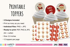 Three printable Santa cupcake topper sheets in red and cream tones, includes Ho Ho Ho design, ready-to-print JPG, PNG, and PDF files.